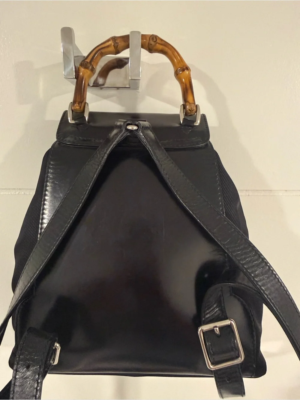 Mini Gucci Black Leather bamboo backpack with Drawstring